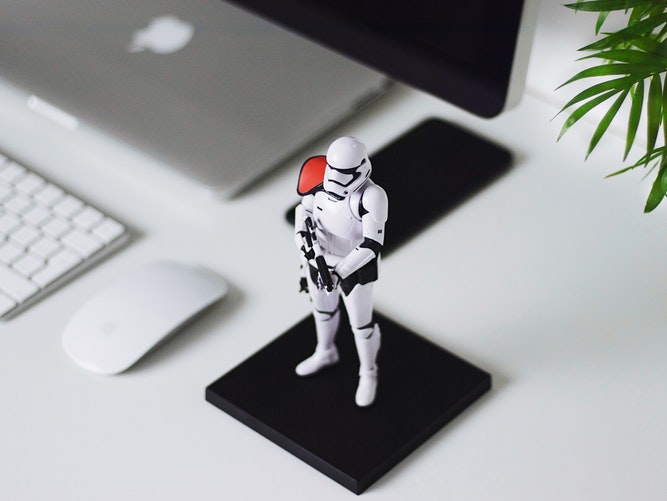 stormtrooper guarding a desk when away